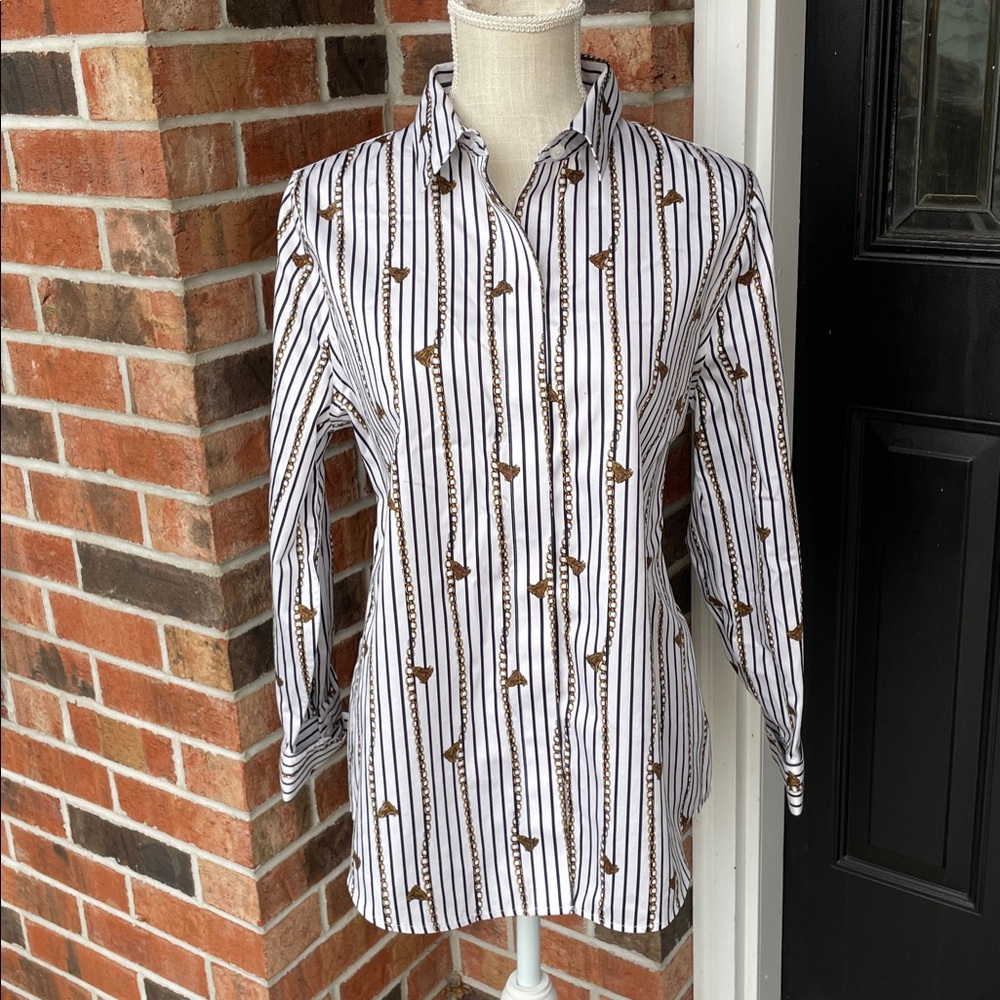 Chico's Black and Gold Chain‎ And Tassel Print Top
